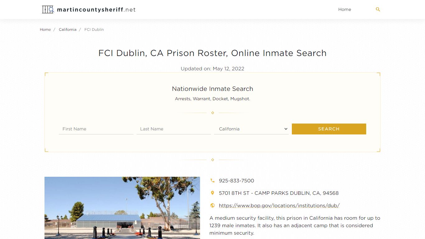 FCI Dublin, CA Prison Roster, Online Inmate Search ...